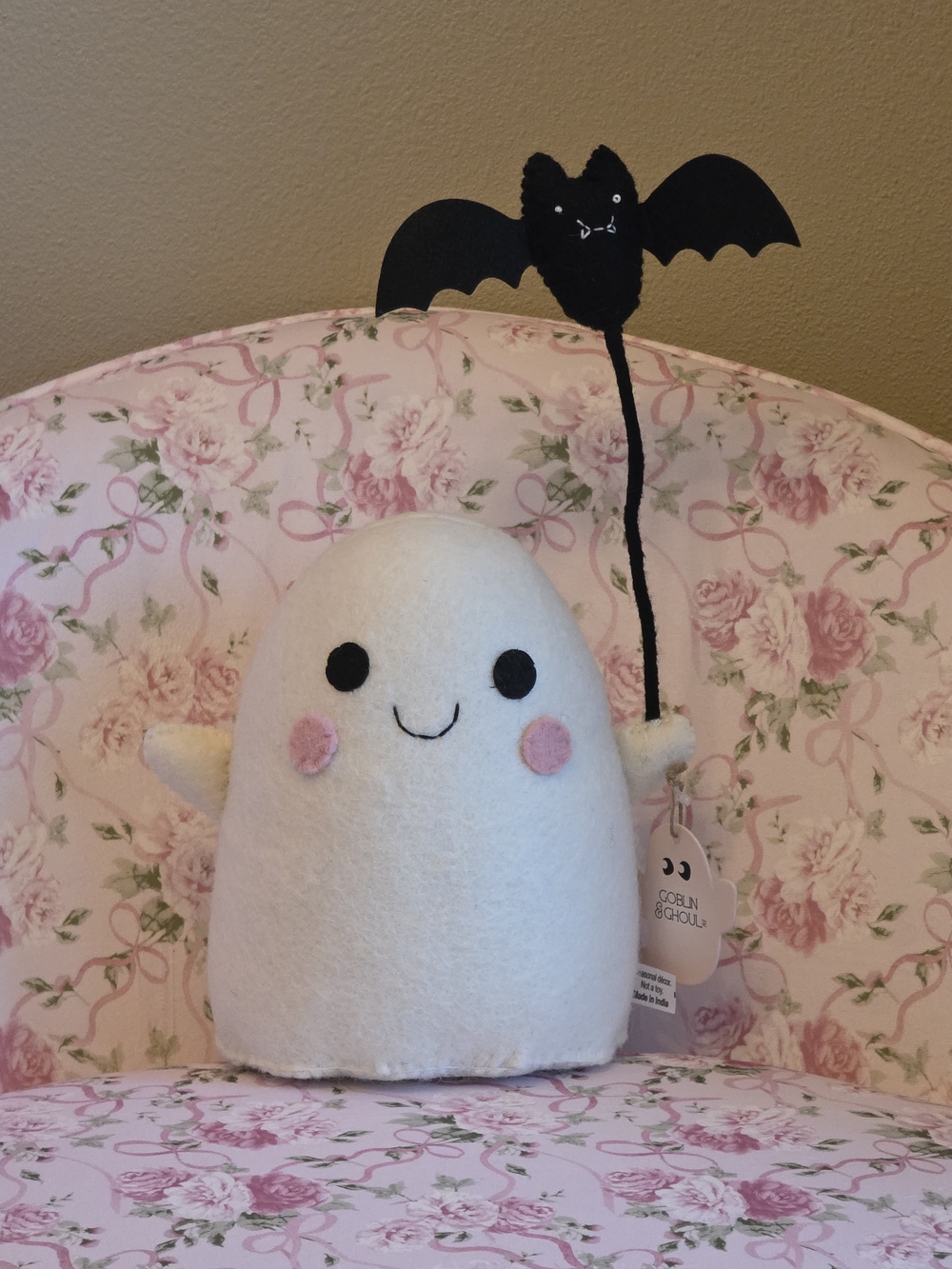 Halloween Ghost with Pink Cheeks and Bat Balloon